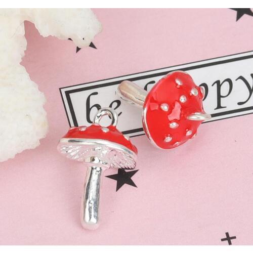 DoreenBeads Fashion Women Pendants Trendy Jewelry Zinc Based Alloy 3D Charms Mushroom Silver Color Red Enamel 17mm x 11mm, 5 PCs