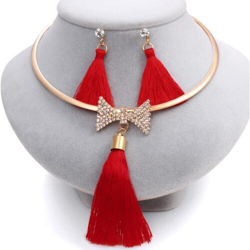 Hesiod Women Bridal Jewelry Sets Bow Crystal Necklaces Earrings Sets Choker Necklaces Tassel Earrings Gold Color Pendant Jewelry