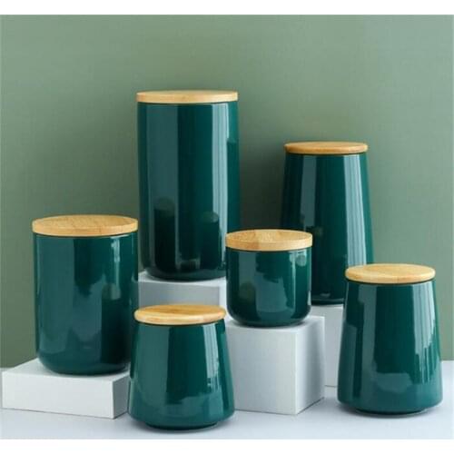 Ceramic Storage Tank Sealed Coffee Storage Bottle Wood Lid Spice Jar kitchen Container Sealed Tea Cans Tea Pot Grain Organizer