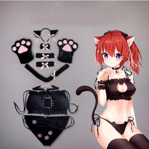New Game Dress Embroidery Bra Anime Cat Open Chest Underwear Cat Ears Tail Gloves Necklace Hollow Cosplay Sexy Lingerie Set