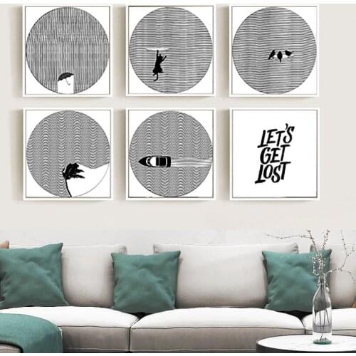 Cartoon Abstract Line Home Decor Wall Art Nordic Canvas Painting Black and White Scandinavian Minimalist Picture for Living Room