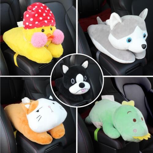 Cartoon Car Tissue Bag Holder Plush Automotive Backseat Hanging Paper Tower Storage Box Danosaur Dog Duck Cat Seat Back Bags