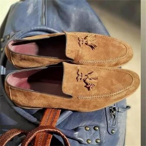 Men Fashion Trend Business Dress Shoes Handmade Khaki Imitation Suede Round Toe Low Heel Classic Tassel Slip-on Loafers ZZ391