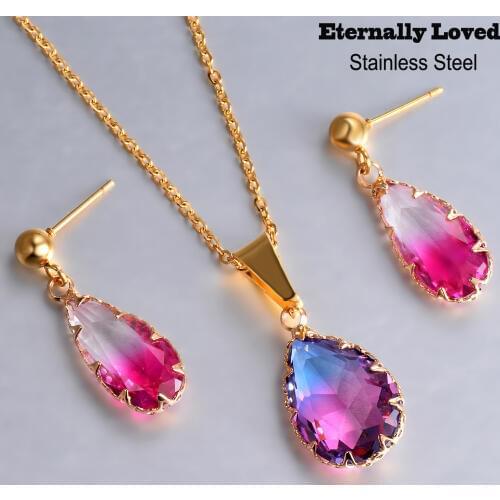 Hypoallergenic Fashion Stainless Steel Necklace Earring Set Womens 20" Chain Gold Tone Rainbow Glass Heart Pendant Jewelry Sets