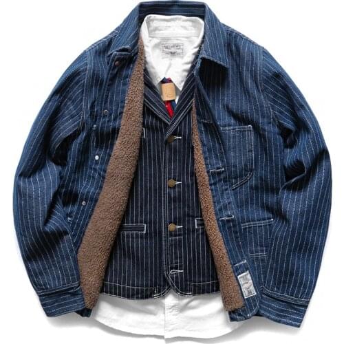 Autumn Winter Amaikaki Cashmere Tooling Coat Outdoor Sport Trekking Labor Cargo Stripe Denim Thickened Tops Cotton Padded Jacket