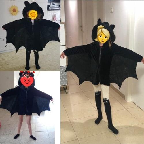 4-14T Kid Black Bat Costume Halloween Party Hooded Jumpsuit Romper Cosplay Outfit With Wings Ears Stockings For Child Teen Girls