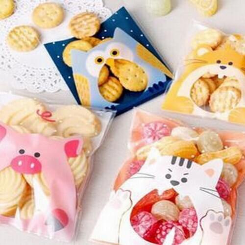 100PCS Cute Animals Candy Cake Biscuits Cookies Packaging Bags Self-adhesive Plastic Gifts Bags Party Birthday Snack Baking