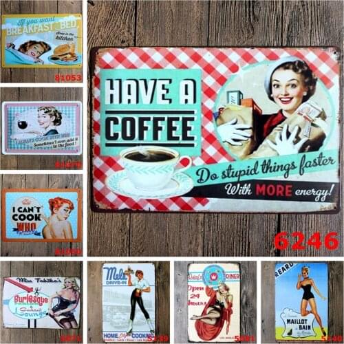Shabby Chic Vintage Style Metal Tin Sign Have A Coffee Breakfast In Bed I Can't Cook Who Care? for Cafe Restaurant Decoration