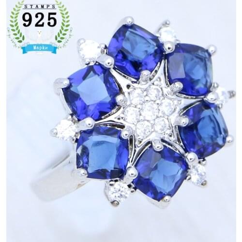 Sapphire Flower White Crystal Topaz Ring 925 Sterling Silver Bridal Ring Wedding Accessories Sweet Girl Jewelry Free Gift Box