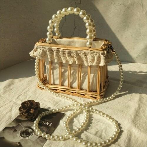 Pearl bag new straw woven bag ins woven bag rattan woven portable female bag vacation small square bag shoulder handbag