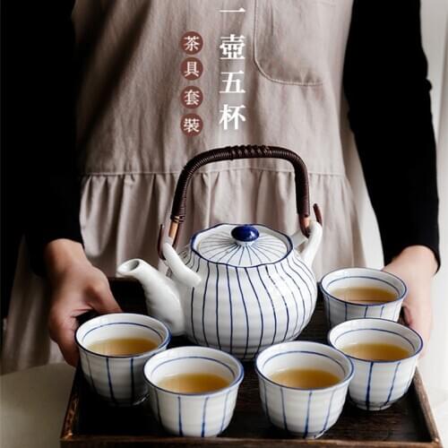 Japanese Tea Set Traditional Ceramic Teapot and Cups with Strainer Service for 5 Home Decor Teapot Housewarming Birthday Gift