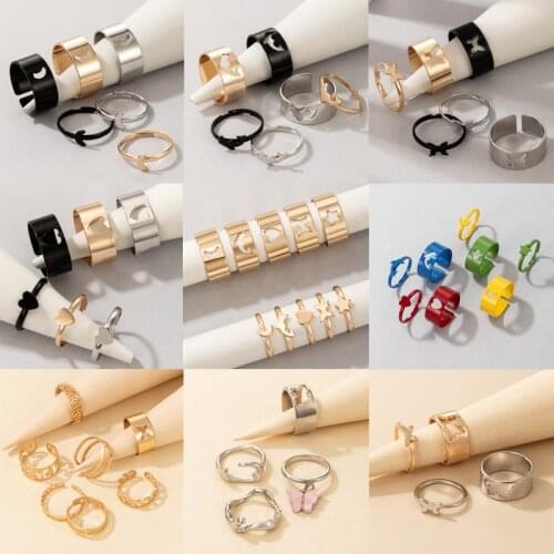 Tocona Colorful Heart Moon Ring Sets for Women Lovely Dolphin Star Hollow Out Geoemtry Opening Ring Wedding Ring Jewelry Anillo