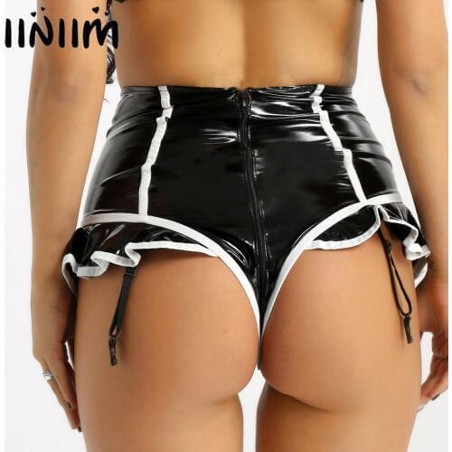Iiniim Womens Wetlook Clubwear Sexy Underwear Faux Leather Ruffled Lined Zipper Crotch Surspender Panties with Plastic Garters