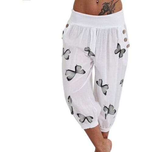 Capris Pants Women High Waist Harem Pants Lightweight Streetwear Female Pocket Baggy Capri Jogger Trousers Bottoms with Print