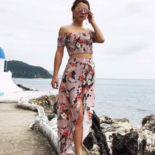 Bohemian 2 Two Piece Set Women Flower Print Summer Off Shoulder Crop Top Polyester Long Split Skirt 2018 Beachwear Women Set