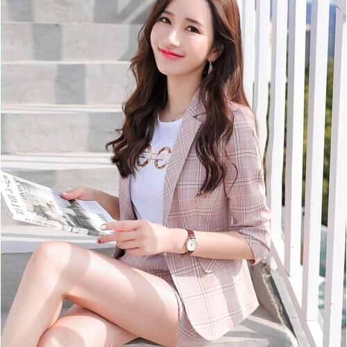 Autumn New Style Women Small Pink Grey Suit Coat Plaid Single Button Notched Office Lady Woman Blazer Work Wear Business Jackets