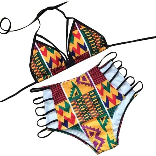 NEW Summer beach Sexy bikini set Hanging Neck Swimwear Women Swimsuit Print Top Halter Set Runway Woman 2 Piece Sets Bodysuit