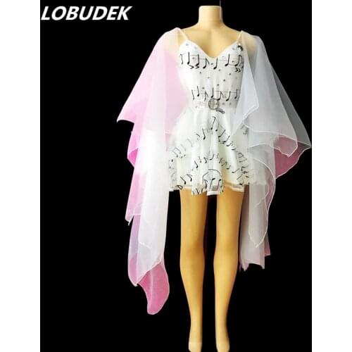 Female Singer Dress White Musical Note Embroidery Short Dress Dancer Bar Nightclub Performance Stage Wear Party Dance Costume