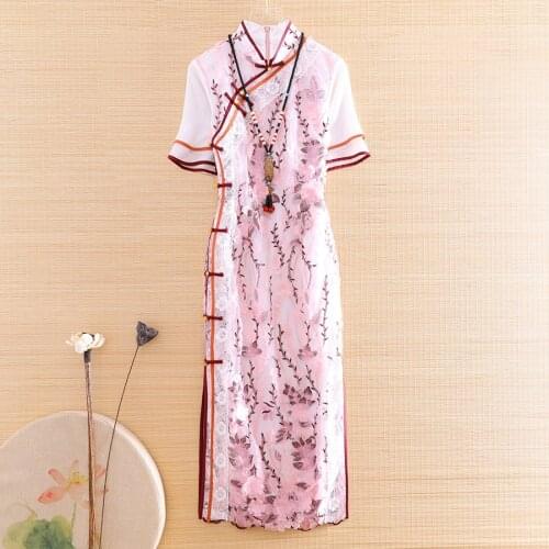 Chinese Style Summer Women Cheongsam Dress Retro Elegant Embroidery Three-Dimensional Flower Lady Party Qiapao Dress S-XXL