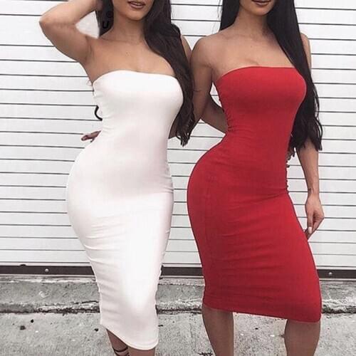 Off Shoulder Solid Sexy Dress Women 2021 Summer Sleeveless Strapless Basic Black White Bodycon Bandage Hip Midi Dress Robe Femme