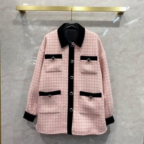 2021 Spring fashion womens High quality loose plaid tweed overcoat Chic pockets pink color coat C845