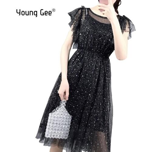 Young Gee 2019 New Summer Women Mesh Dress Celebrity Stars Sequined Pearls Beading Ruffles Sleeve Party Sexy Dresses vestido