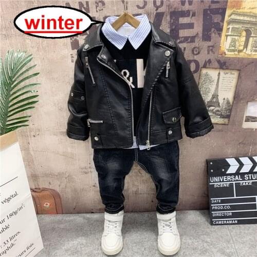 Winter Fashion Baby Boy Clothes Set Boy Faux Leather Coat + Knit Vest + Shirts + Jeans 4pcs Kids Clothing Suit 2-6Years