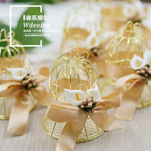 10Pcs Mini Metal Retro Hollow Tinplate Birdcage Candy Box Baby Shower Gift Box Party Birthday Gift Lily ribbon Style