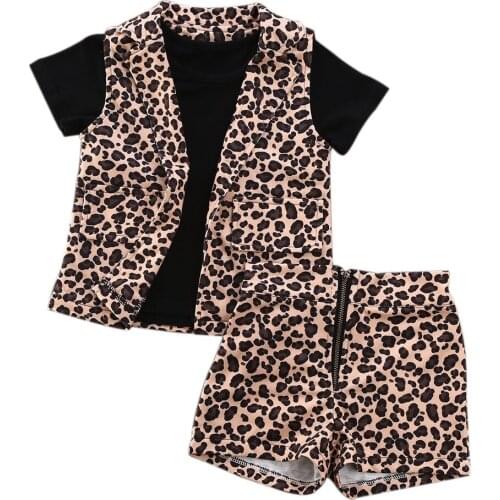 3Pcs Toddler Baby Girl Clothes Fashion Leopard Sleeveless Cardigan + Short Sleeve T-shirt + Zipper Shorts Kids Summer Clothing