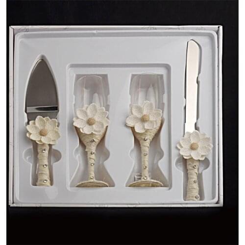 4pcs Stainless Steel Ribbon Flower Decorated Cake Knife Serving Set Champagne Wine Glass Goblet Cup For Wedding Birthday Party