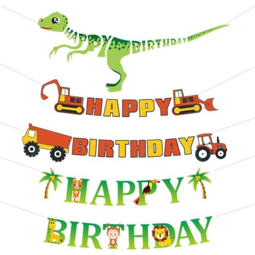 Kids Adults Happy Birthday Banner Cartoon Car Shark Dinosaur Planet Bunting Garland Kids Boy Birthday Party Decor Paper Flag