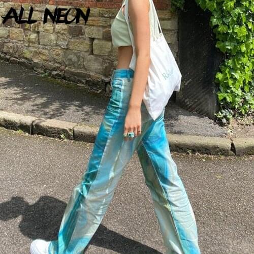 ALLNeon Indie Aesthetics Y2K Tie Dye Print Wide Leg Pants Vintage 90s Streetwear High Waist Full Length Trousers Baggy Pants New