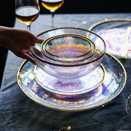 Colorful Painted Gold Glass Bowl Dish Seven Color Transparent Hammer Grain Dessert Steak Plate Salad Fruit Bowl Dinnerware