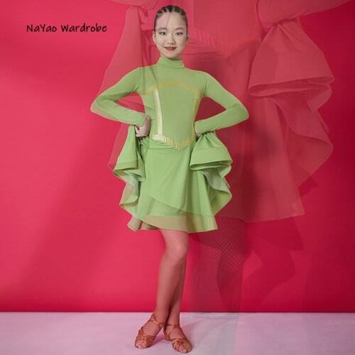 2021 New G3144 Kids Latin Dance Dress Long Sleeve Lotus Design Girl Latin Dancing Cloth Stage Ballroom Dancewear