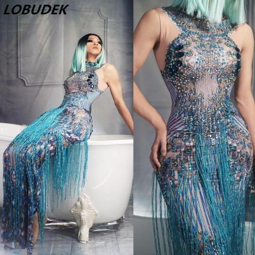 Glisten Blue Rhinestones Party Long Dress Fashion Women Sleeveless Tassel Crystals Dress Sexy Nightclub Singer Show Fringe Dress
