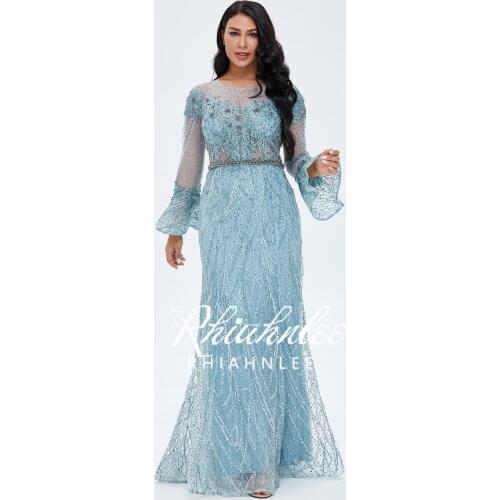 Long Sleeve Dubai Evening Dresses O Neckline Lace Diamont Evening Gowns Beaded Sash Floor Length Formal Dress RA009