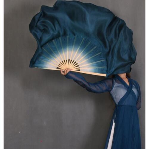 White Navy Blue Gradient Real Silk Fan Veils Two Layers Double Fan Pair Chinese Yangko Square Dance Performance Props 20 Inches