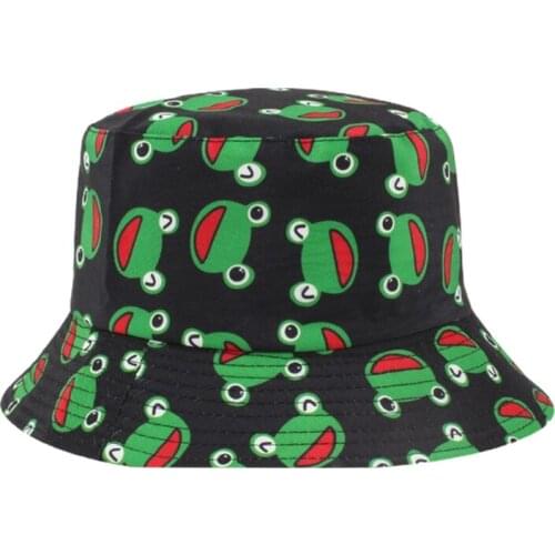 Y1QD Men Double-sided Sun Hat Inner Black Bucket Outer Cute Cow Frog Pattern Easy to Carry Outdoor Sports Fishing Beach