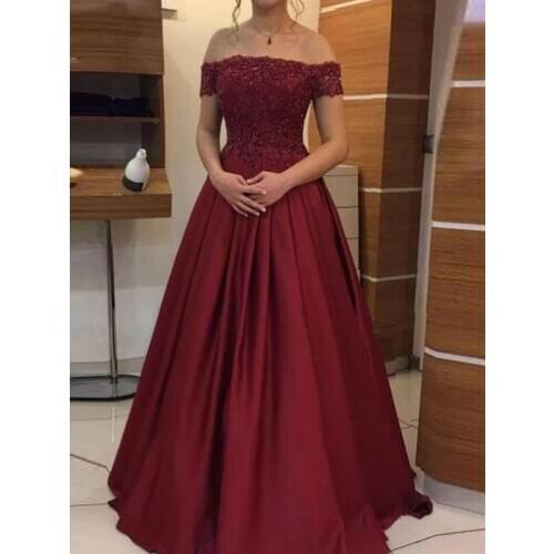 Elegant Evening Dress Long 2020 Burgundy Lae Beading Evening Gowns Party Strapless Neck Formal Dress Off the Shoulder A Line