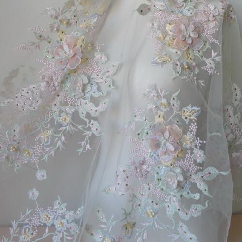 125cm Width African French Tulle Net Lace Embroidered Fabric For Evening Dress Appliques Beads With Sequins-12 Pieces Appliques