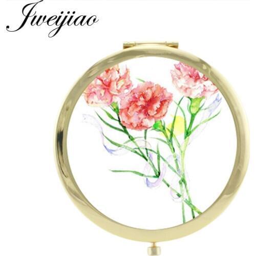 JWEIJIAO Red flowers and green leaves espejo de maquillaje Lotus Chrysanthemum glass cabochon Purse Mirror FS59