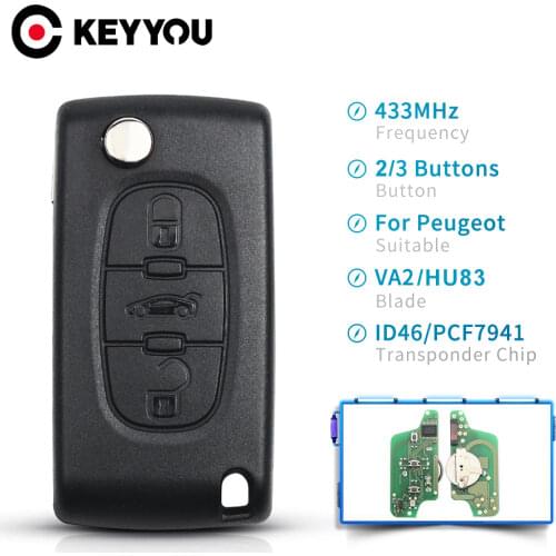 KEYYOU 2/3BT CE0523 CE0536 Remote Key Fob 433Mhz ASK For Peugeot 307 308 408 3008 433MHz ID46 Chip Car Flip Key VA2/HU83 Blade