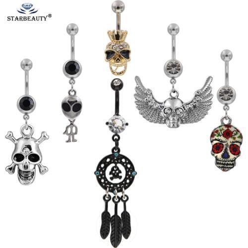Retro Barbell Rings Jewelry Leaf Anti Allergy Skull Stainless Steel Body Piercing Jewelry Belly Button Bar Navel Ring