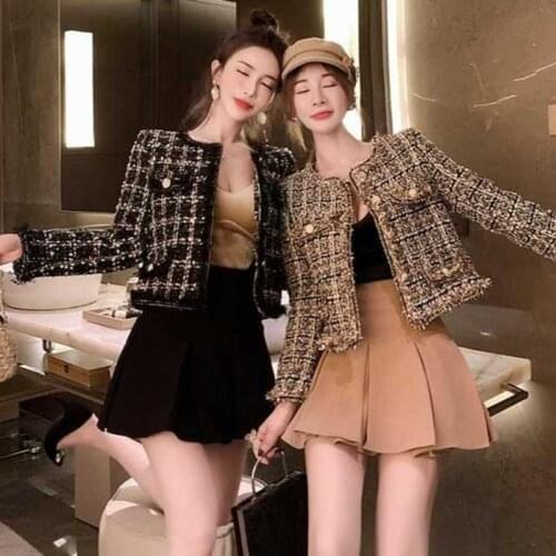 French retro navy blue plaid short Womens small fragrance jacket tweed plaid cardigan High quality temperament blouse Female