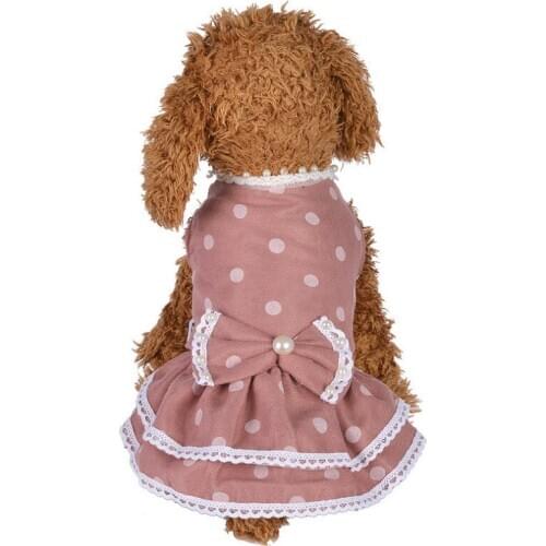 Pet Dog Fashion Winter/Autumn Clothes Cotton Dot Bowknot Lace Edge Dresses For Small Dogs DC7106