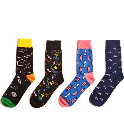 PEONFLY mens socks combed cotton Jacquard cartoon Geometric music conforms male business dress crew socks wedding gift sox
