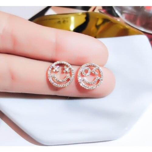 NEW Fashion Zircon Smiley Face Ladies Earrings Unique Design Asymmetric Earrings for Women 925 Silver Not Allergic To Jewelry