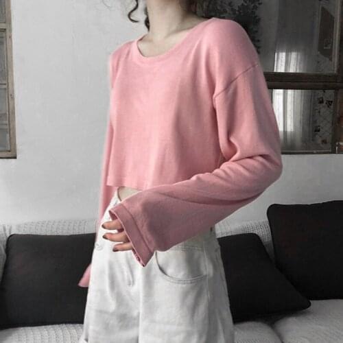 Autumn Women Long Sleeve Top O Neck T-Shirt Solid Color Casual Loose Pullover Ladies Top Shirts