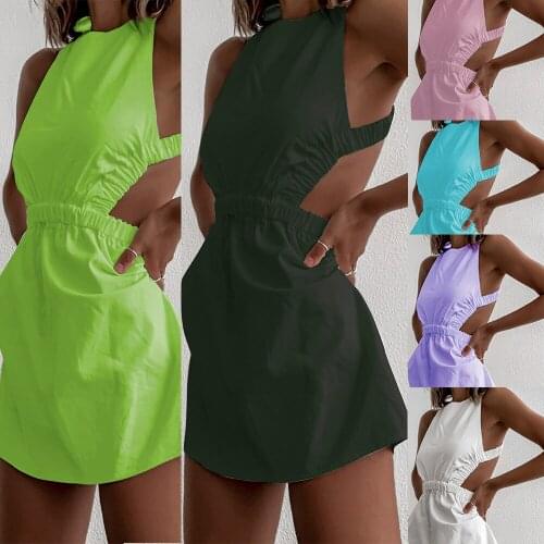 Summer Dress Women Sexy Halter Cross Slim Sleeveless Dresses Femme Robes Green High Waist Backless Mini Dress For Women Vestidos