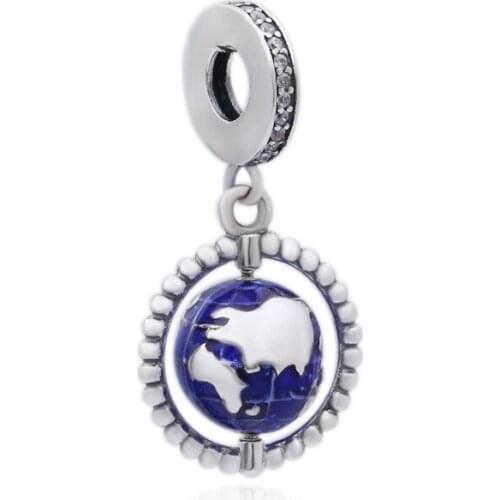 Genuine 925 Sterling Silver Beads Blue Enamel Globe Dangle Charm Fit pandora Women Bracelet & Necklace Diy Jewelry
